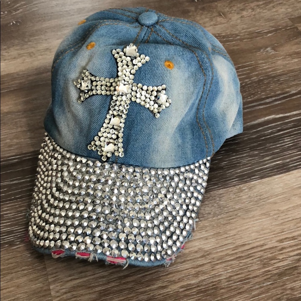 Denim Colored Cross Bejeweled Fashion Hat
